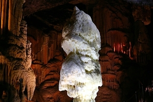 The best known symbol of the Postojna caves: a 5m high shimmering white stalagmite called the Brilliant, formed from water seeping through the ceiling and depositing calcite on the floor.