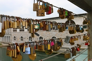 Padlocks in Slovenian capital city, Ljubljana, attached by lovers for good luck.